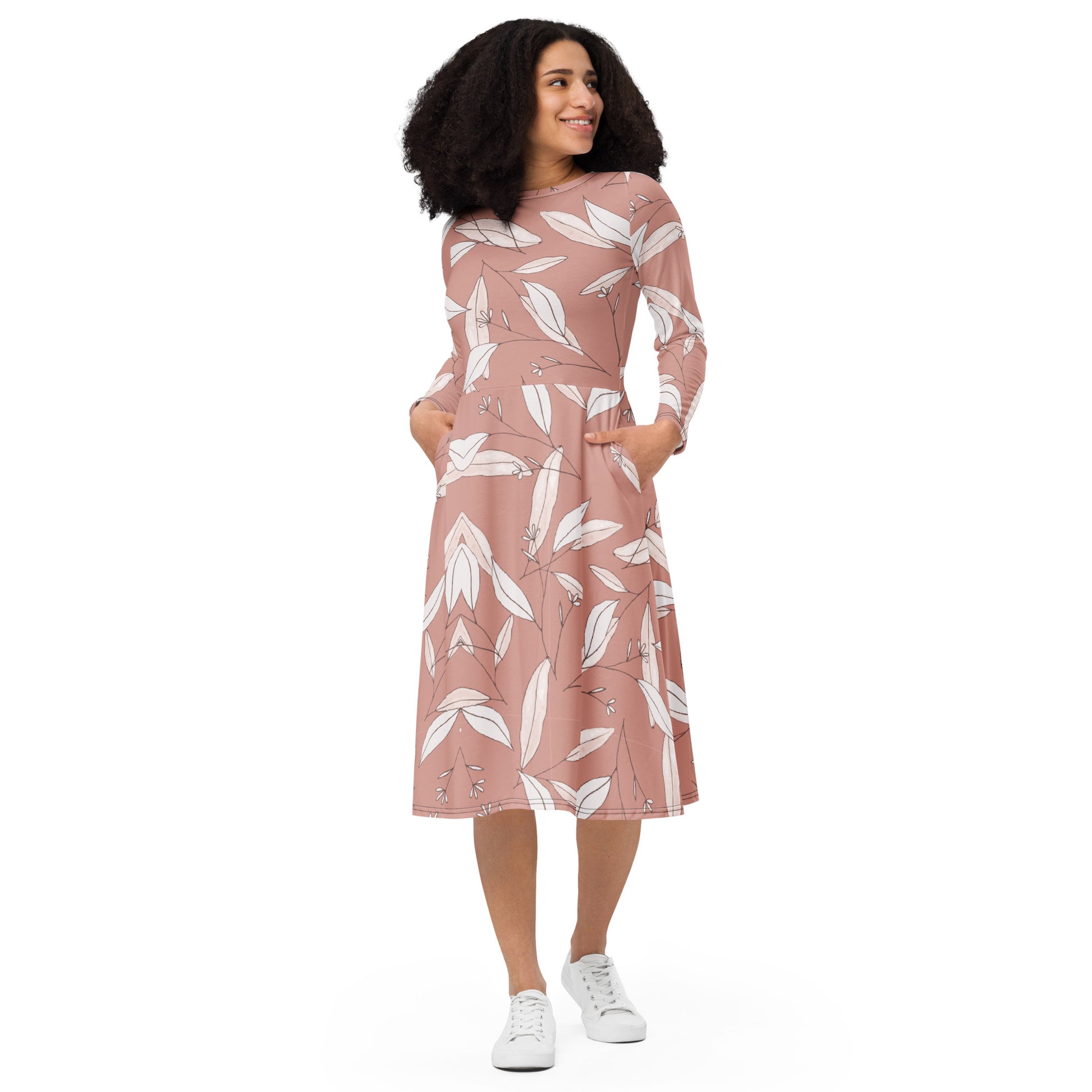 Feathered Finesse Women's Long Sleeve Midi Dress - FLAKOUT