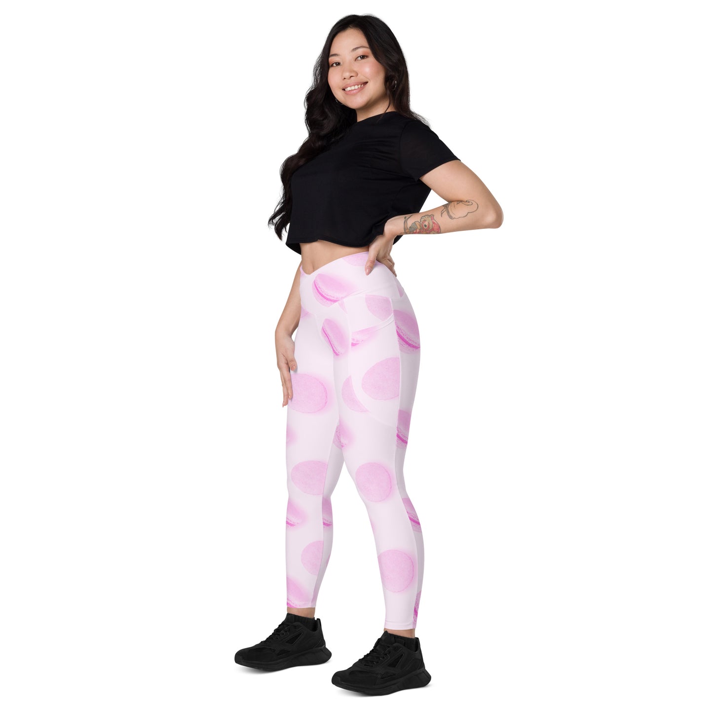 Rosé Macaron Women's Recycled Crossover Leggings With Pockets - FLAKOUT