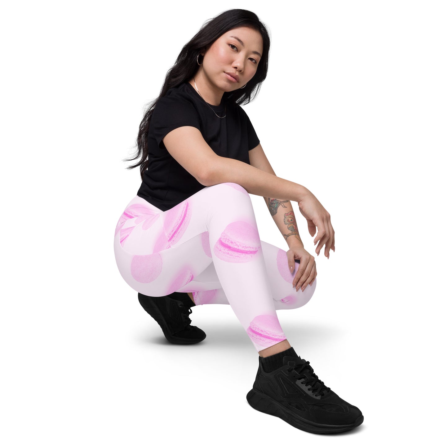 Rosé Macaron Women's Recycled Crossover Leggings With Pockets - FLAKOUT