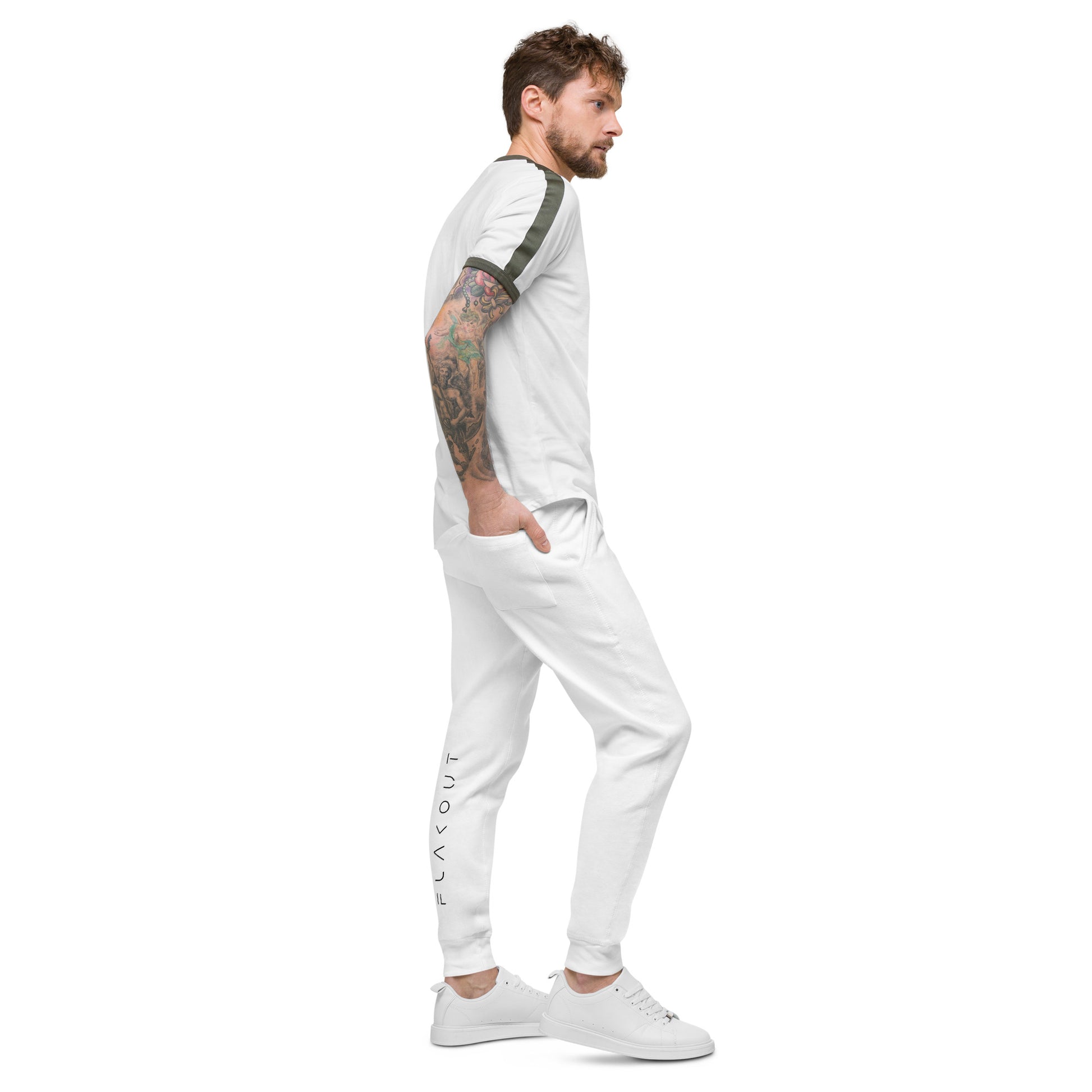 FLAKOUT Logo Back Leg Unisex Fleece Sweatpants - White - FLAKOUT