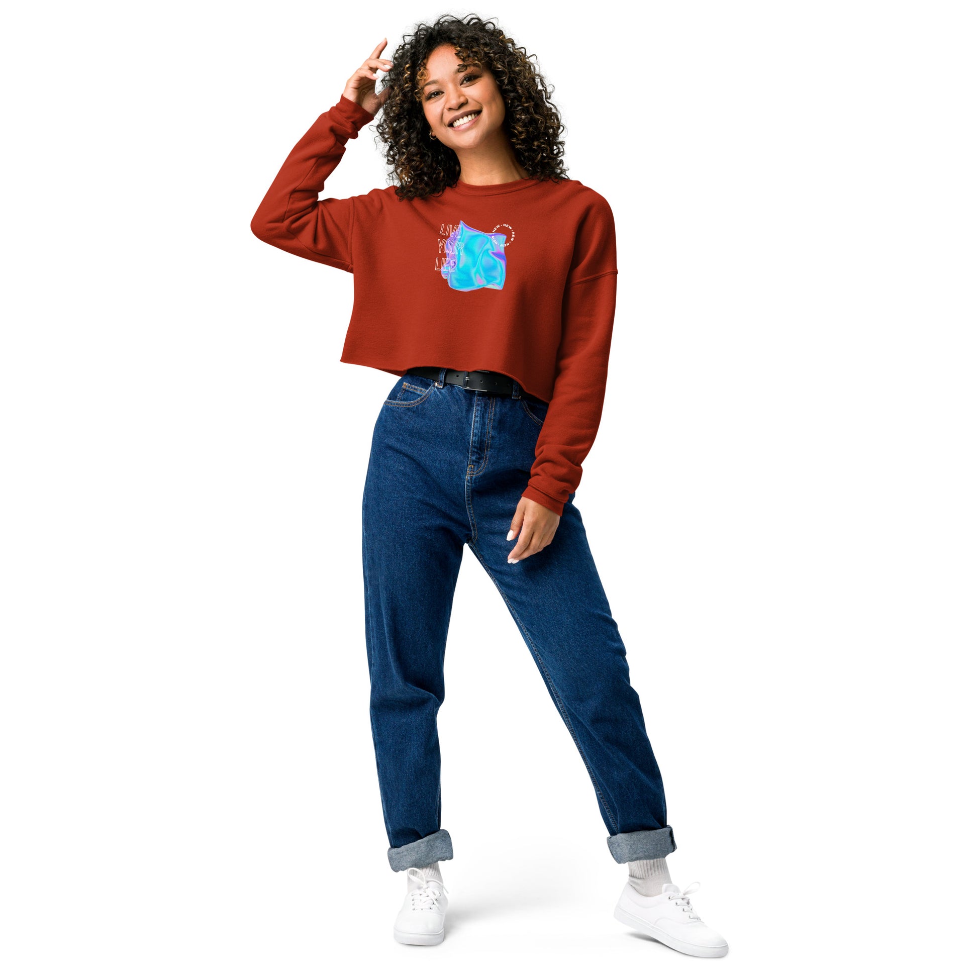 Vivid Existence Live Your Life Women's Crop Sweatshirt - Brick - FLAKOUT