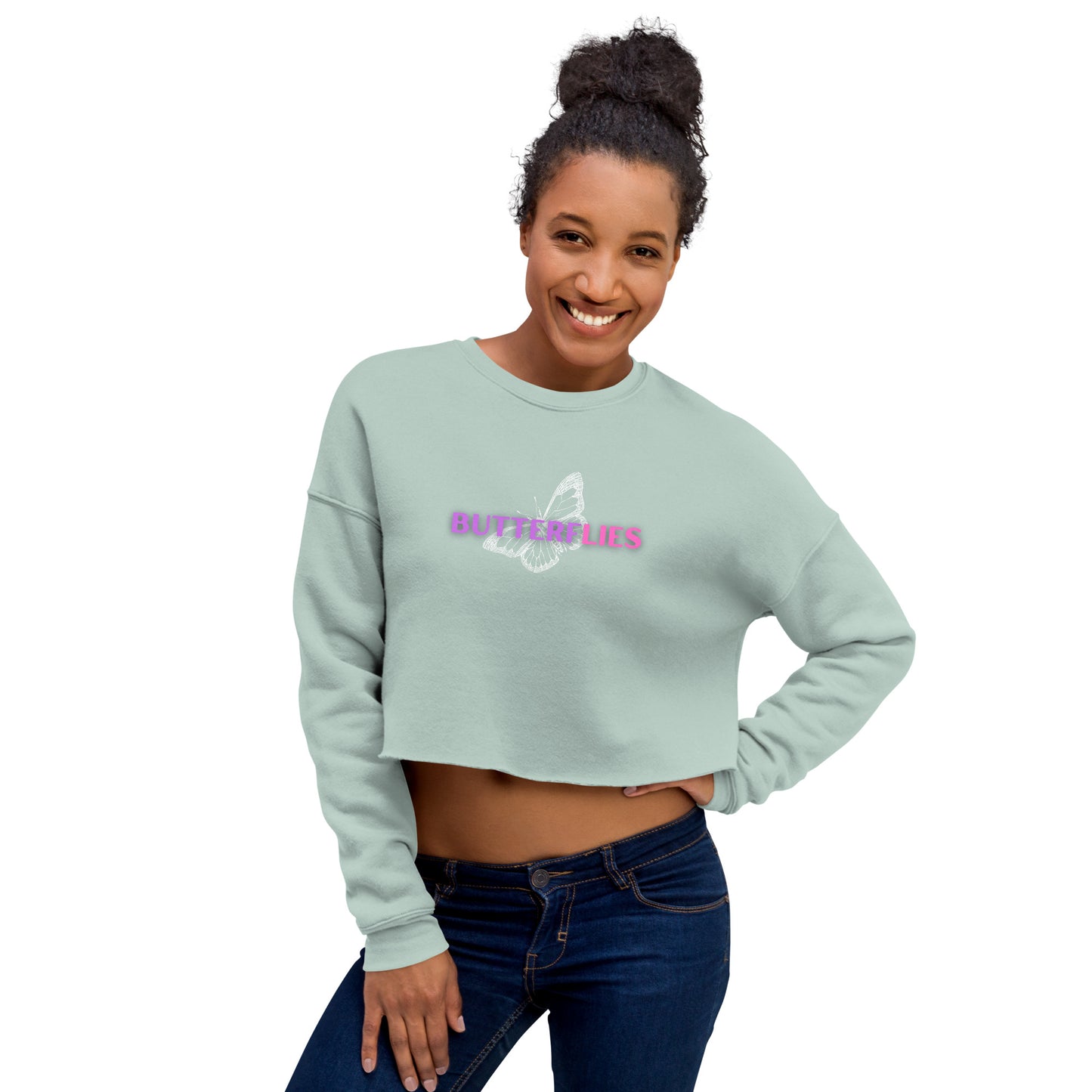 Whispers Of Wings Butterflies Women's Crop Sweatshirt - Dusty Blue - FLAKOUT