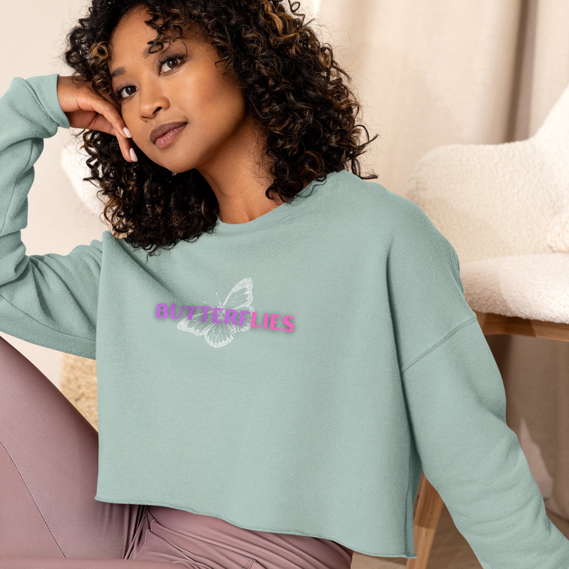 Whispers Of Wings Butterflies Women's Crop Sweatshirt - Dusty Blue - FLAKOUT