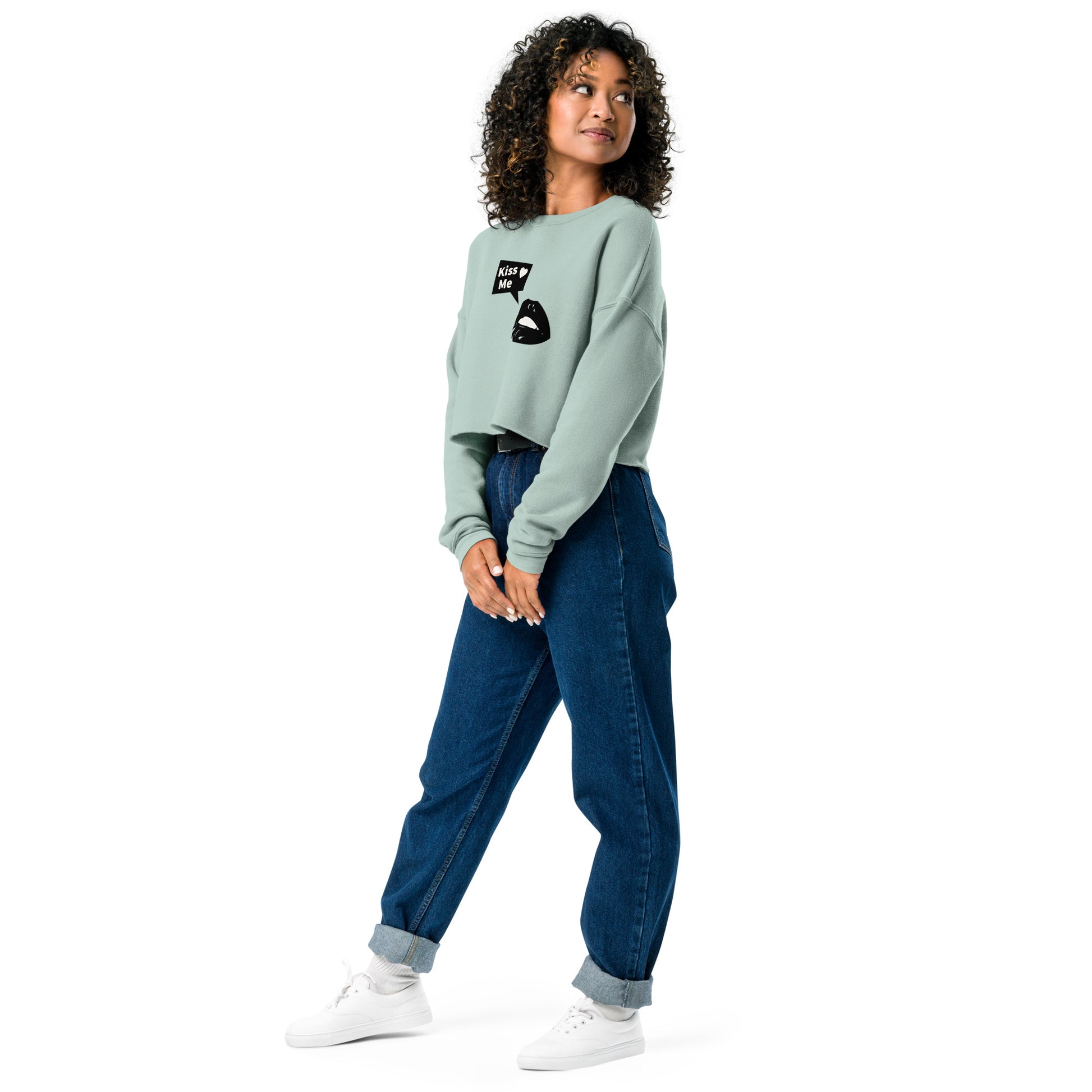 Sweet Talker Kiss Me Women's Crop Sweatshirt - Dusty Blue - FLAKOUT