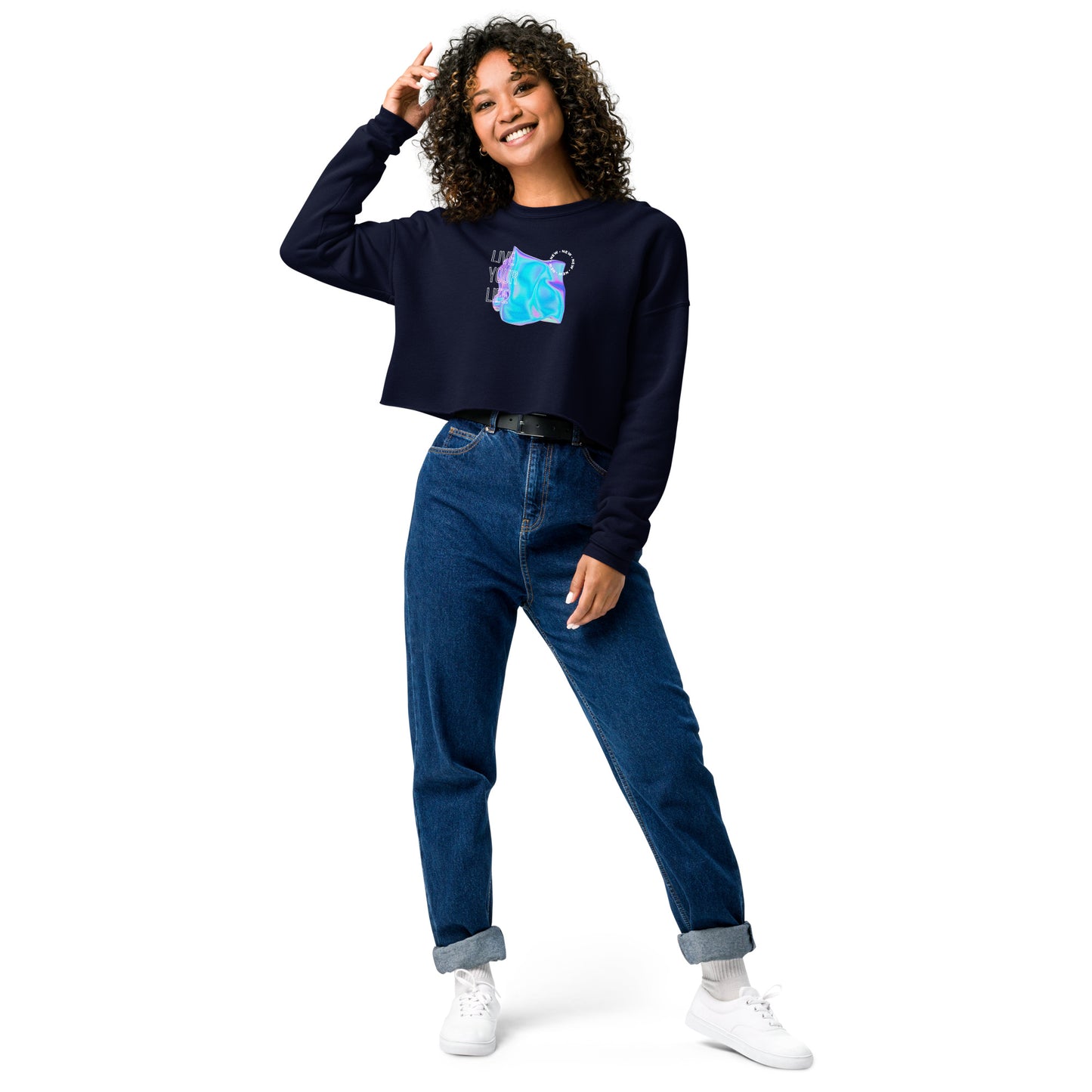 Vivid Existence Live Your Life Women's Crop Sweatshirt - Navy - FLAKOUT